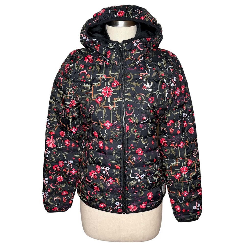 ADIDAS Originals Floral Puffer Jacket Black Hooded Trefoil Slim Fit‎ Womens 36